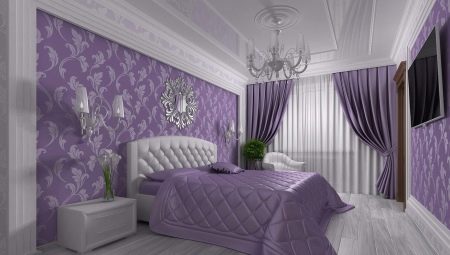 Desain interior kamar tidur dengan nada ungu