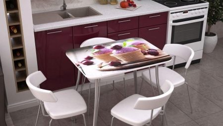 Meja dengan percetakan foto untuk dapur: pelbagai model dan cadangan untuk dipilih