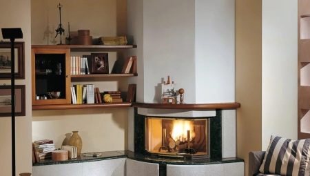 Living room interior design with corner fireplace