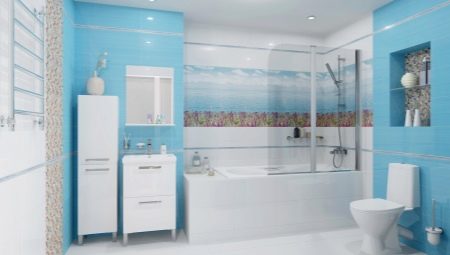 Carrelage de salle de bain bleu: avantages et inconvénients, variétés, choix, exemples
