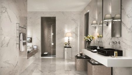 Marmurinės plytelės vonios kambariui: savybės ir tipai
