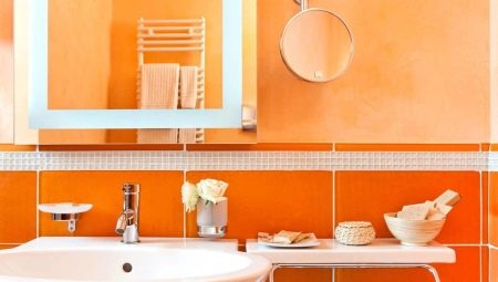 กระเบื้องห้องน้ำสีส้ม: ข้อดีและข้อเสีย เคล็ดลับการตกแต่ง ตัวอย่าง