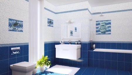 Μπλε πλακάκια μπάνιου: πλεονεκτήματα και μειονεκτήματα, ποικιλίες, επιλογές, παραδείγματα
