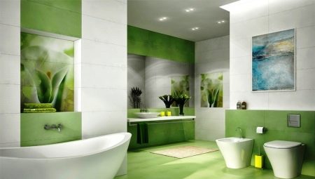 Zaļās flīzes vannas istabas interjerā