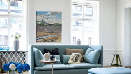 Sofa biru: jenis dan pilihan gaya, ciri gabungan di pedalaman