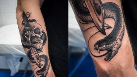De betekenis van een slang met een dolk in een tatoeage en opties voor schetsen