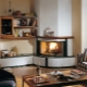 Living room interior design with corner fireplace