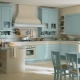 Dapur biru: pilihan set kepala, kombinasi warna dan contoh dalaman