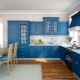 Zilas virtuves: austiņu izvēle un krāsu kombinācija interjerā
