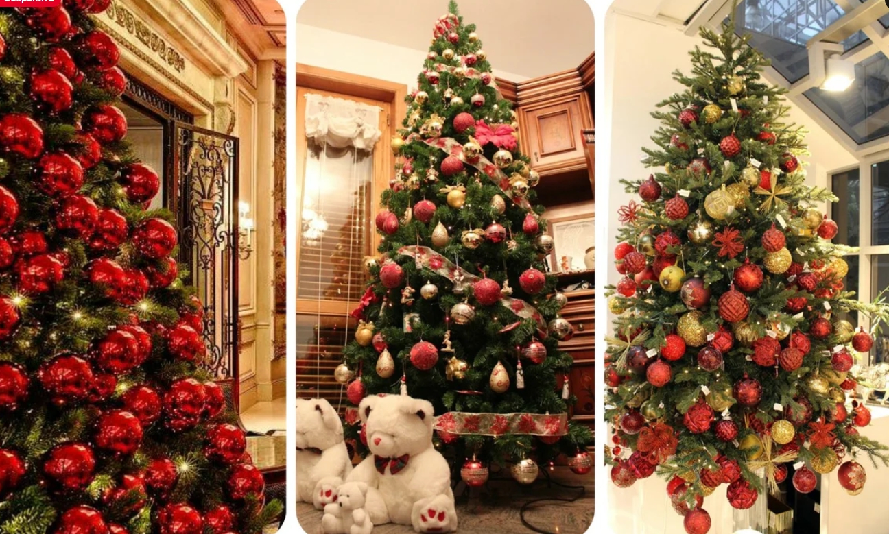 Decoração de árvore de Natal na cor vermelha e dourada (32 fotos): como  decorar uma árvore de Natal branco com bolas? Decoração de um abeto verde  em tons de vermelho dourado