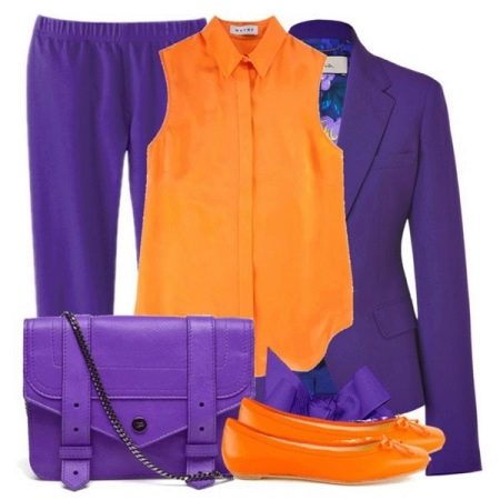 Violeta ar oranžu kleitu un žaketi