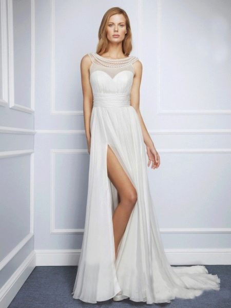 Graikiško stiliaus vestuvinė suknelė su skeltuku