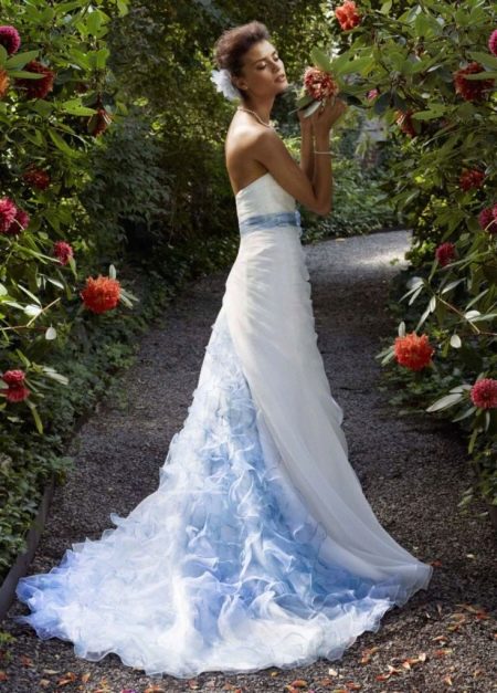 white wedding dress with blue train