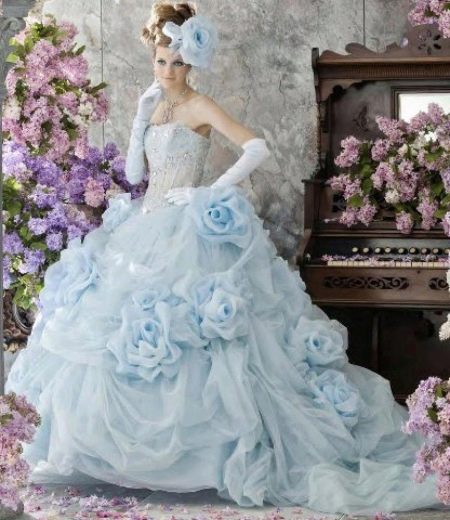 Mėlyna vestuvinė suknelė su pirštinėmis