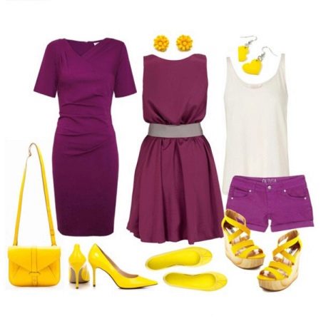 Gaun ungu dengan aksesori kuning