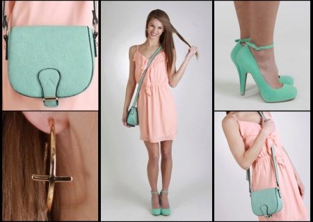 Peach dress na may turquoise na accessories