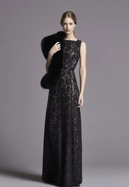 Chanel stiliaus nėriniuota suknelė su kailiuku