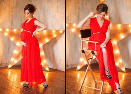 Vestido rojo para una sesión de fotos de mujeres embarazadas.