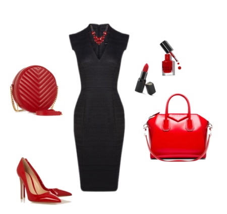 Raudoni aksesuarai prie juodos suknelės