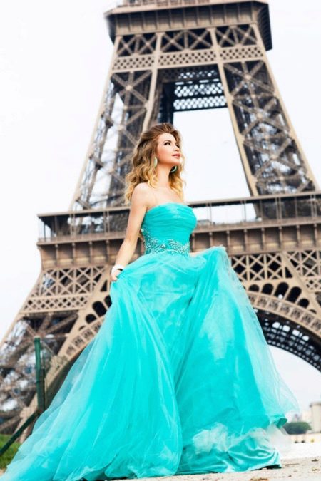 Beautiful turquoise dress with off-the-shoulder train