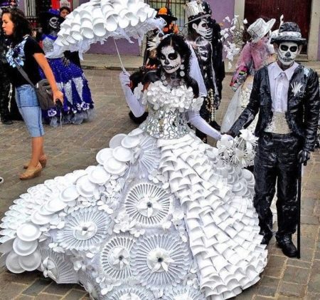 Dress made of plastic dishes