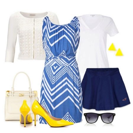 Geltoni batai prie baltos-mėlynos suknelės