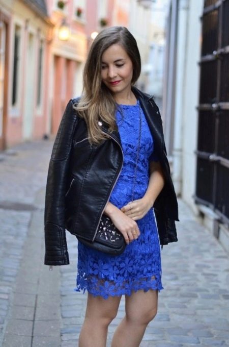 Blue lace dress with black jacket