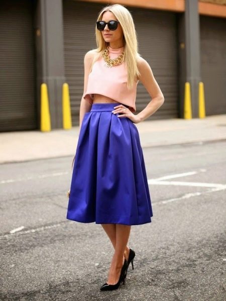Skirt pertengahan panjang loceng biru untuk musim panas