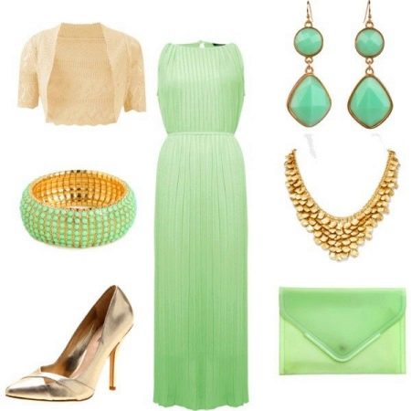 Vakarinės šviesiai žalios suknelės aksesuarai